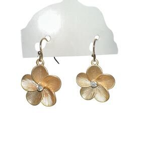 Plumeria Gold Tone Dangle Earrings Pearl Center